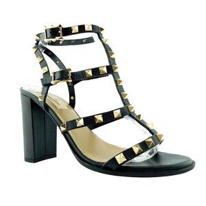 VALENTINO Rockstud Black Leather Caged Ankle Strap Block Heel Sandals 38